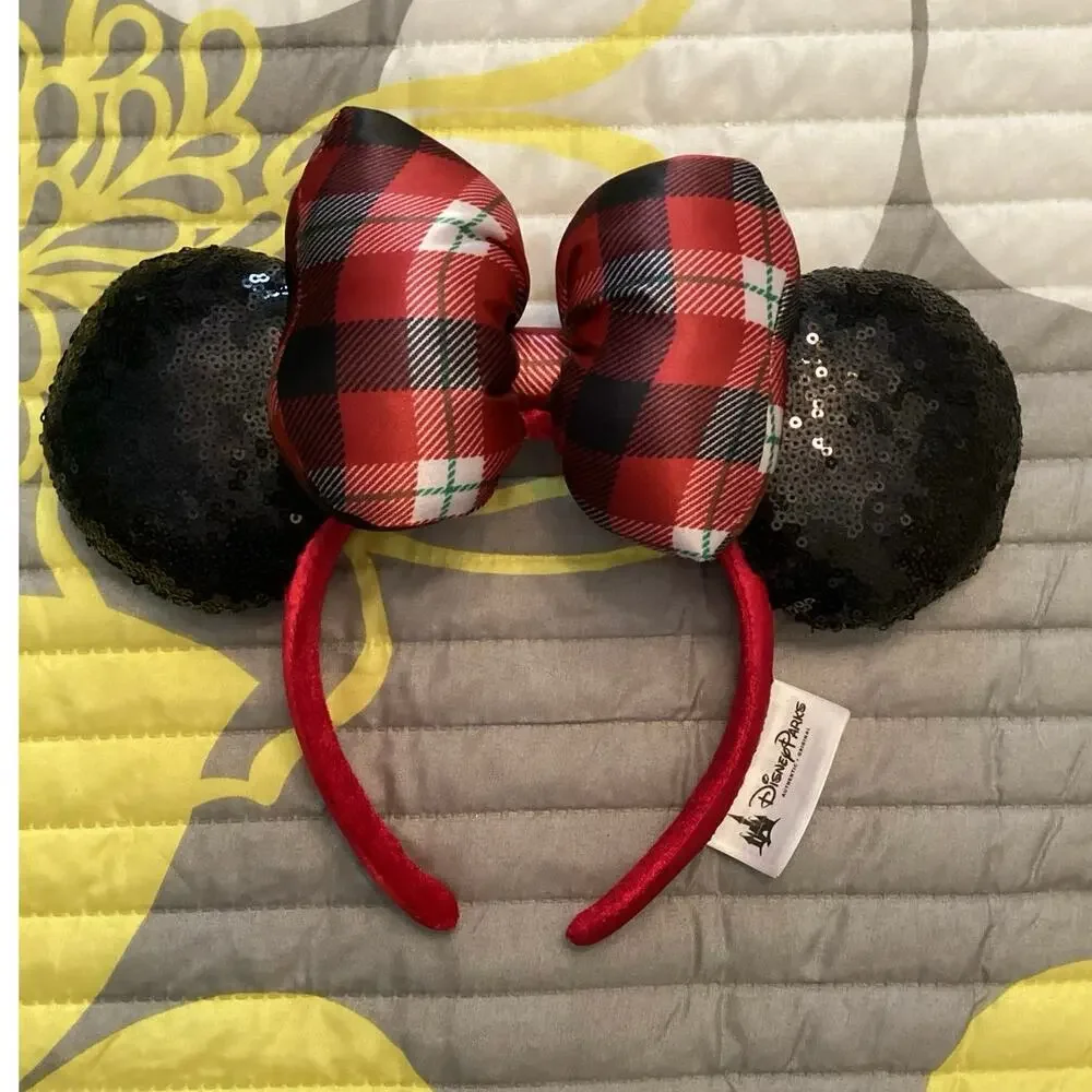 NWOT Disney Parks Christmas Holiday Ear Headband Black Sequin Buffalo Plaid Bow